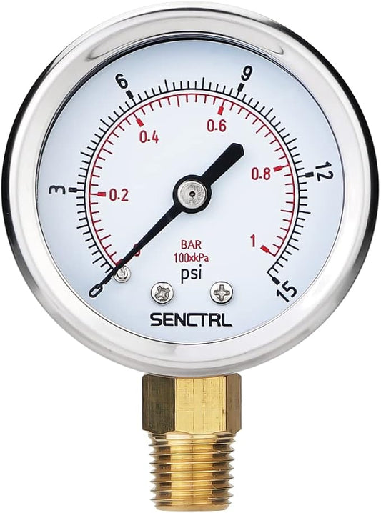SENCTRL 0-15 Psi Low Pressure Gauge, 1/4 Npt Lower Mount, Waterproof, Stainless by senctrl