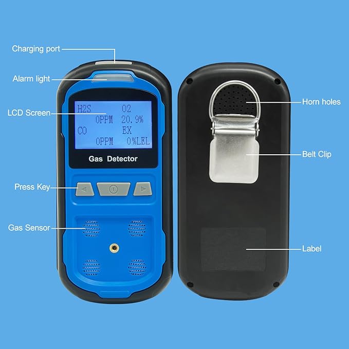 Upgraded 4 Gas Monitor Multi Gas Detector, Yfwsrecinoe Gas Leak Detector, Rechargeable 4 Gas Monitor Ex H2s Co O2 with LCD Multiple Indicator (Blue)
