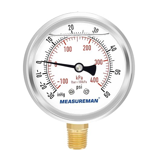 MEASUREMAN 2-1/2" Dial Size, Glycerin Filled Pressure Gauge, 30inHG-60psi by MEASUREMAN