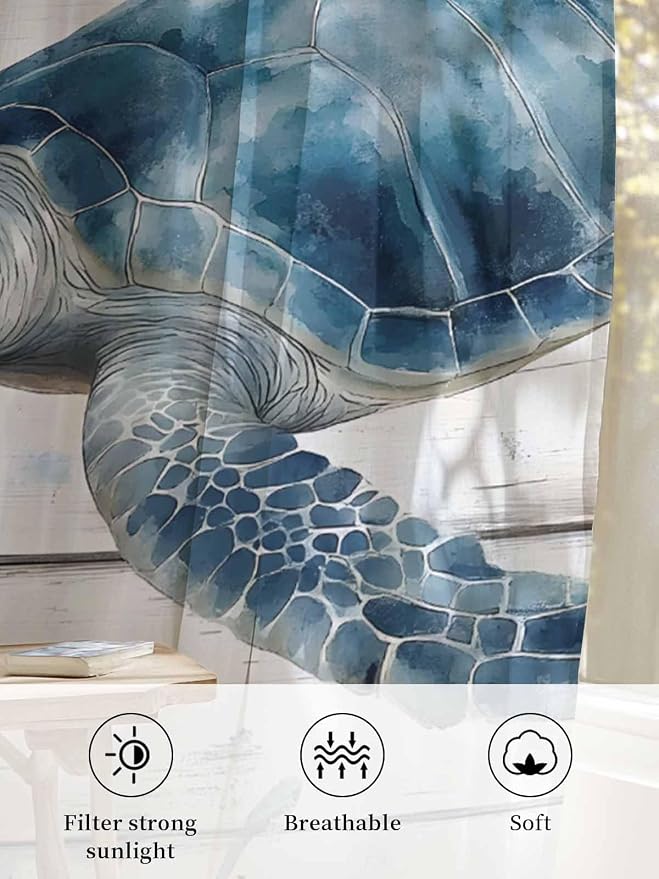 Sheer Curtains 54 Inch Length, Ocean Sea Turtle Semi Sheer Curtains Light - Image 6