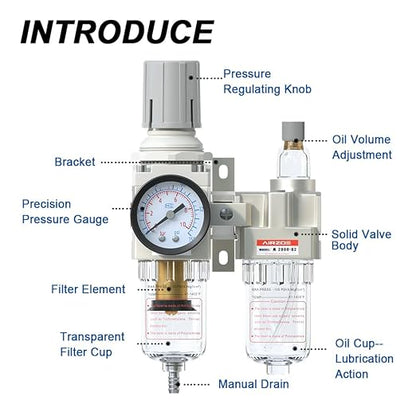 AIRZOE 1/4" NPT Compressed Air Filter Regulator Lubricator Combo, Air - Image 3