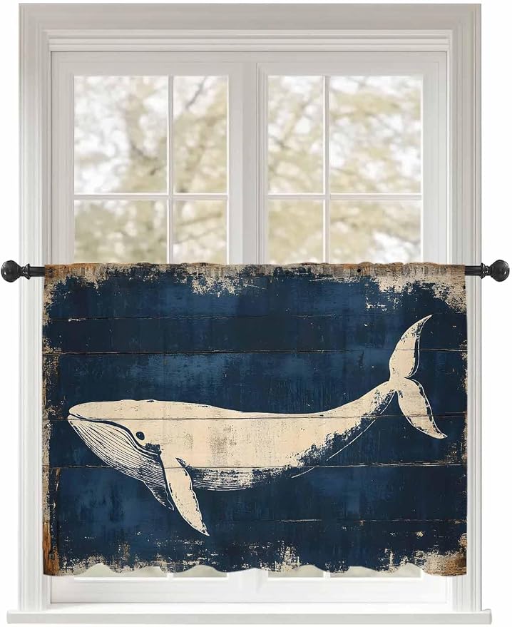 Sheer Curtains 45 Inch Length, Ocean Whale Blue Semi Sheer Curtains Light by Unknown