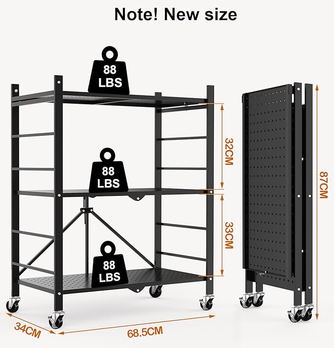 Himix Storage Shelves with 6 Hooks, 3 Tier Foldable Shelf with Wheels, Metal Storage Shelving Unit Rolling Cart, Utility Shelf Rack Organization Shelves for Pantry, Kitchen, Black - No Assembly