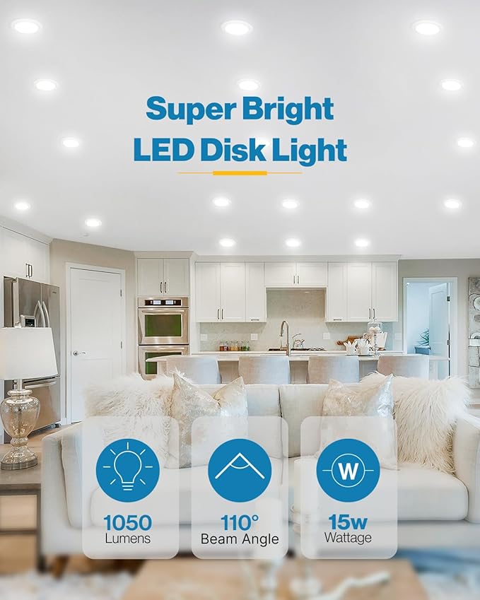 Sunco 96 Pack LED Disc Lights Ceiling 6 Inch, Flush Mount Disk Light, Recessed Can Lighting, 1050 LM, 15W (75W Equivalent), 6000K Daylight Deluxe, Dimmable, Damp Rated ETL.