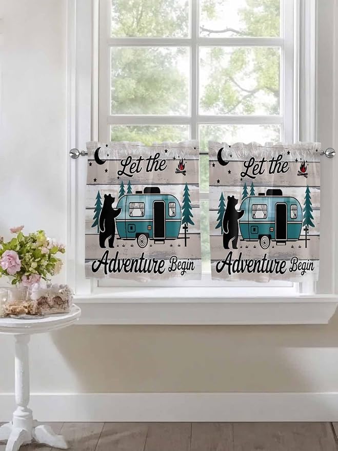 Farmhouse Bear Camper Van Tree Window Valance Curtains, Vintage Wood Grain - Image 4