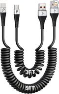USB Type C Coiled Cable Fast Charging (3FT/5FT), 2Pack Android Auto Charging Cord for Car, Short USB A to USB C Charge Cable Compatible with iPhone 17/16/15/Pro Max/Samsung Galaxy S20 Note 10 and More