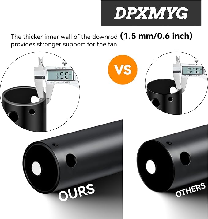 DPXMYG 24 inch Ceiling Fan Downrod with Extension Cord, 2 FT Black Downrod for Ceiling Fan, 1 inch Outside Diameter, Ceiling Fan Boom Suitable for a Wide Range of Fans (Black, Not Threaded)