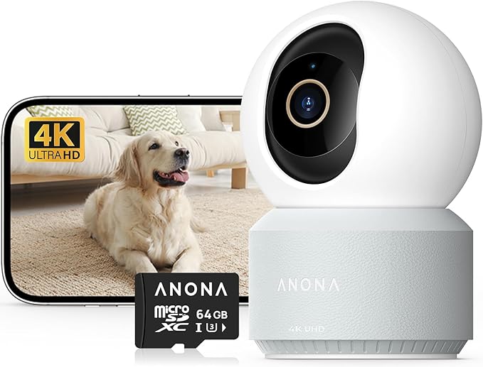 Anona 4K UHD Indoor Camera with 64GB SD Card, Pet/Dog/Baby Security Camera with Phone App, 360° Pan-Tilt, 2.4G/5G Wi-Fi 6, Auto-Tracking, Person/Pet/Baby Crying Detection, Privacy Mode, Two-Way Audio