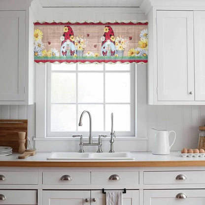 Ladybug Gnome Sheer Valance Curtains, Country Summer Rustic White Yellow Daisy - Image 2