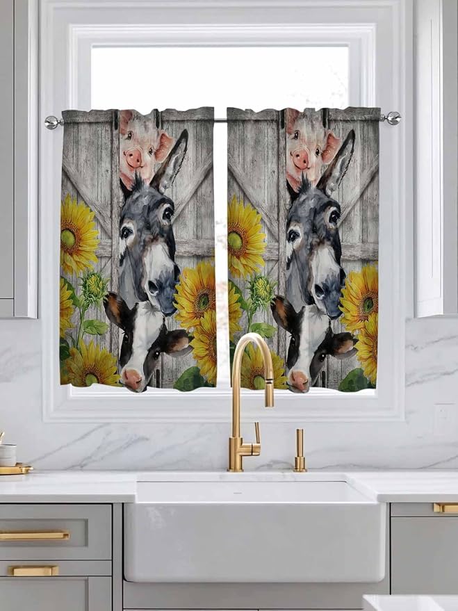 Farmhouse Kitchen Curtains 45 Inches length, Vintage Sunflowers Animals Printed - Image 3