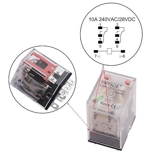 TWTADE/2PCS DC 12V Relay 10A Electromagnetic Power Coil Relay 8 Pins DPDT 2NO 2NC with Indicator Light, Socket Base & DIN Rail -YJ2N-LY