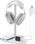 Universal Headphone Stand, Magnetic Wireless Charger for iPhones/AirPods/iWatch, Aluminum Alloy Rod, Leather Pad, ABS Solid Base, White