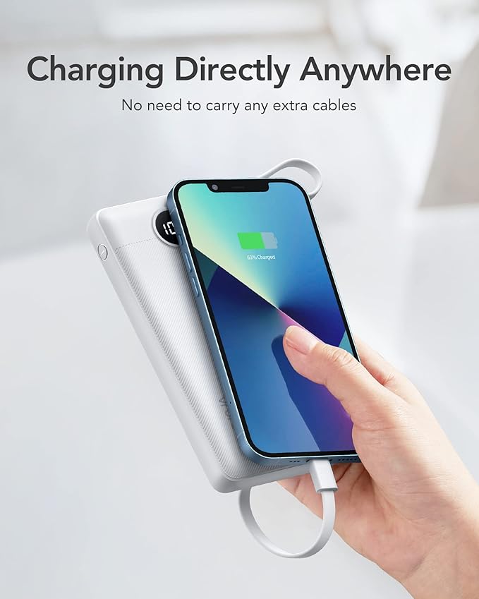VRURC Portable Charger Power Bank, 10000mAh Travel Essentials Battery Pack, 5 Outputs 2 Inputs Slim Charing Bank Built-in Cables Cords Wires Compatible with iPhone,Samsung,Android-White(1 Pack)