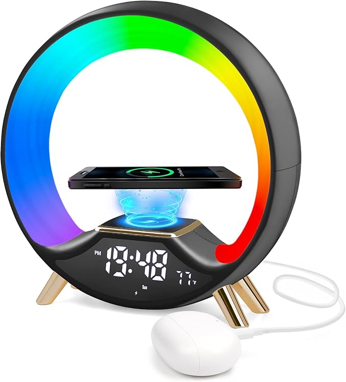 GuDoQi Sunrise Alarm Clock with Fast Wireless Charger Station and Bluetooth, Full Screen with Sunrise Simulation Light, Sleep Aid, Dual Alarms, FM Radio, 10 Colors Nightlight for Bedroom, Black