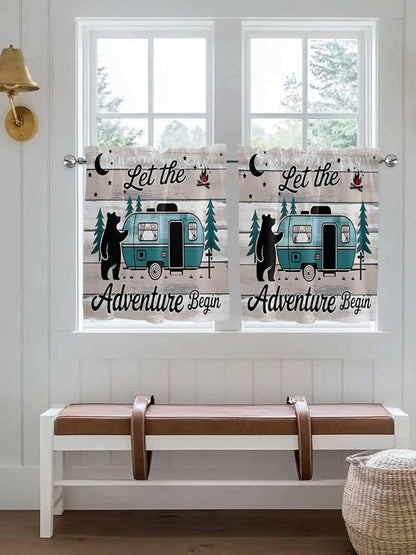 Farmhouse Bear Camper Van Tree Window Valance Curtains, Vintage Wood Grain - Image 2