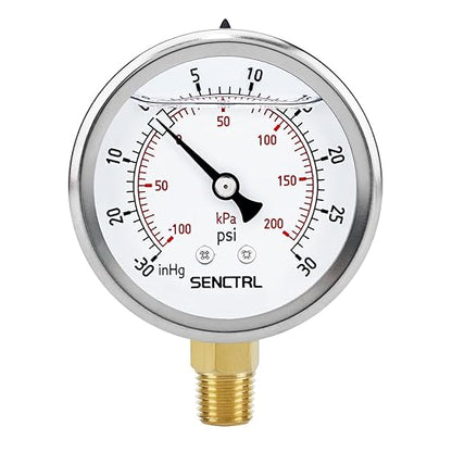SENCTRL 30 inHg to 30 Psi Vacuum Glycerin Liquid Filled Low Pressure Gauge by senctrl