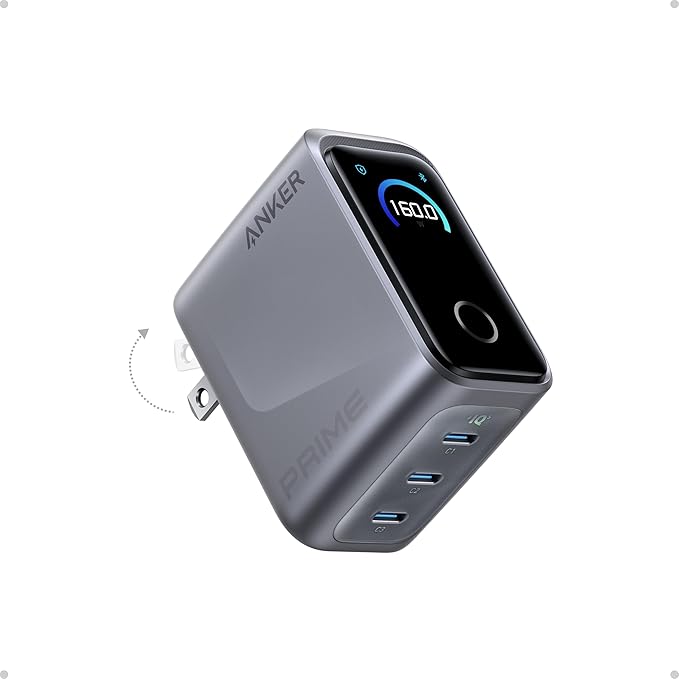 Anker Prime Charger, 160W 3-Port Compact GaN USB C Charger Block, Smart Display and Touch Control, 140W Max Charging via Any Single Port, for MacBook Pro/Air, Laptop, iPhone 17/16 Series(Non-Battery)