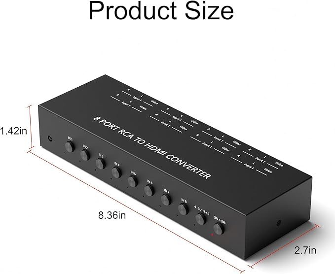Dingsun 8Port AV to HDMI Converter, Will Convert Input Analog Aignals to a Digital Output Signal, Built-in 16:9/4:3 Adjustment, Perfect for Old Video Game Systems,PS,WII,Xbox,DVD,VHS(with Remote)