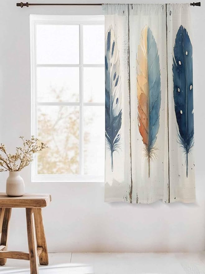 Sheer Curtains 63 Inch Length, Boho Ombre Vintage Wooden Grain Privacy Voile - Image 3