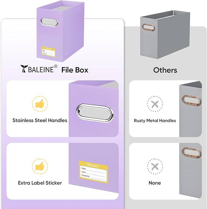 BALEINE File Organizer Box, Cardboard File Folder Organizer with Handle for Letter Size, Portable Collapsible Hanging Filing Box for Home Office Document Storage (2 Pack, Lavender)