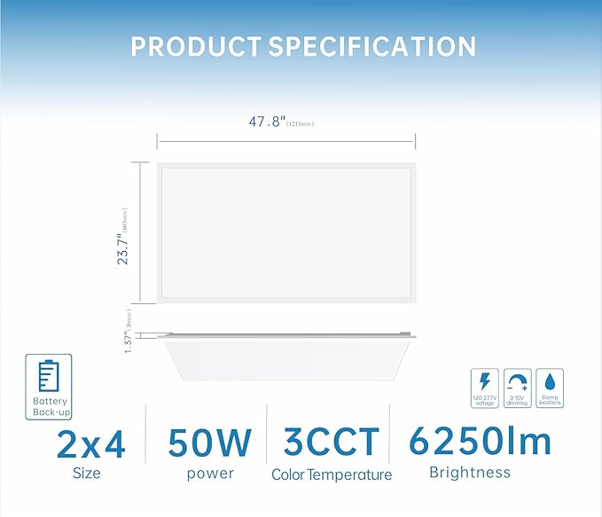 2X4 LED Flat Panel Light with Emergency Battery Backup, 50W 3000K/4000K/5000K, 0-10V Dimmable, 6500 Lumens, LED Drop Ceiling Lights, 100-277V, DLC UL Listed, Ultra Thin Back-Lit (12 Pack)