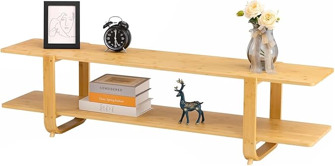 HollyHOME Bamboo TV Stand with Storage for TVs up to 65'', Modern Entertainment Center with 2 Open Shelf, Accent TV Media Console Table for Living Room, Bedroom, 55"(L), Burlywood