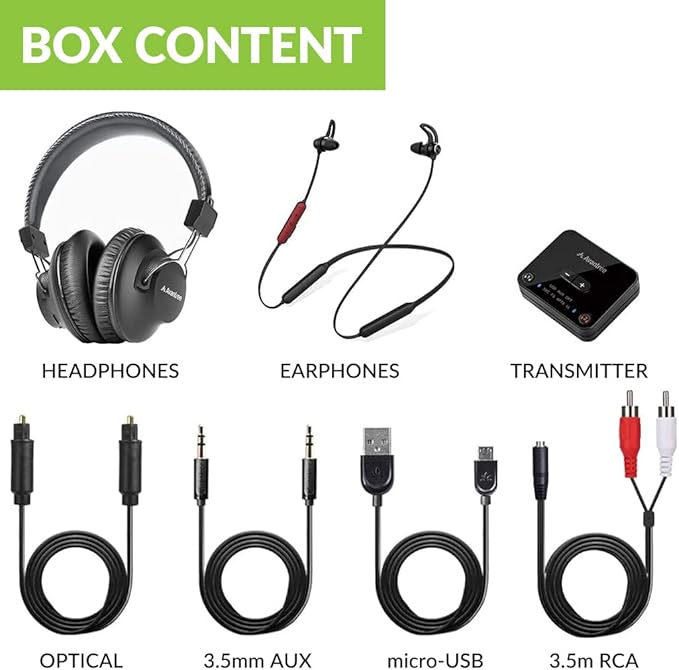 Avantree D4169 Dual Wireless Headphones & Earbuds Set for TV Watching with Bluetooth Transmitter, Personalized Volume Control, Plug-n-Play, No Audio Delay