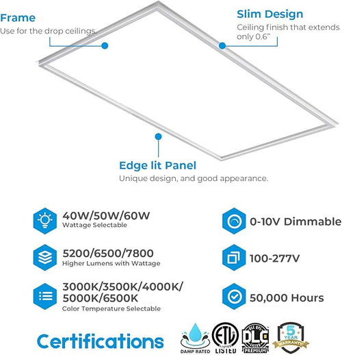 2x2 FT Edge-Lit Frame LED Panel Lights,5CCT Selectable 3000K-6500K, 2600/3900/5200LM,20W/30W/40W Switch Grid Drop Ceiling Lights,0-10V Dimmable,Damp Rated,100-277V,ETL Listed (2 x 4-6 Pack)