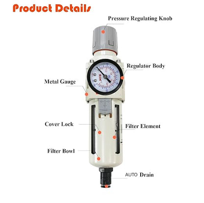 RIH Pneumatics 1/2"NPT Auto Drain Air Filter Pressure Regulator Combo Piggyback - Image 6