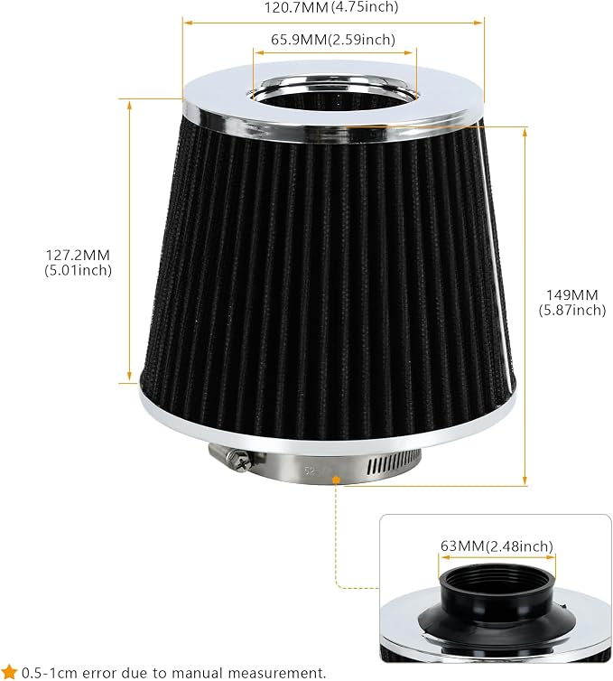 PTNHZ Universal Balck 2.5" 63mm High Flow Cold Air Intake Cone Air Filter Power - Image 4