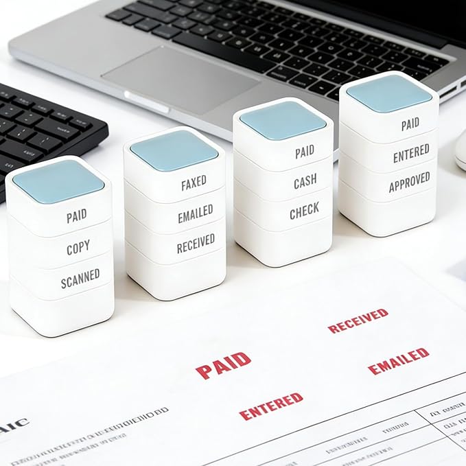 3-in-1 Office Copy/Scanned/Paid Stamps for Business, Pre Inked & Self Inking Rubber Company Stamp in Hand with Red Ink for Efficient Document Bookkeeping, Ordering, Accounting, Work Management