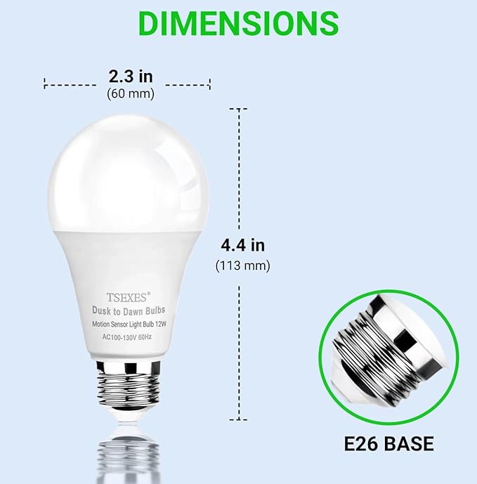 TSEXES Motion Sensor Light Bulbs, 12W (100Watt Equivalent), Motion Activated Dusk to Dawn Security LED Bulb, 3000K Soft White for Outdoor & Indoor,Porch, Stairs, Hallway, 4-Pack
