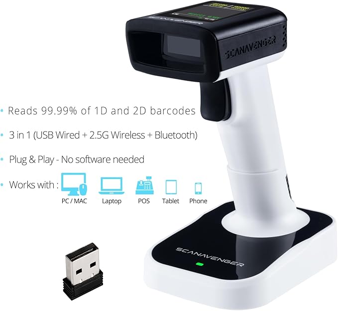 ScanAvenger Wireless Portable 1D with Stand Bluetooth Barcode Scanner: Hand Scanner 3-in-1, Cordless, Rechargeable Scan Gun for Inventory (1D&2D with LCD Display and Upgraded Next Gen Stand)