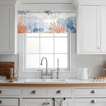 Ocean Corals Sheer Valance Curtains, Summer Beach Coral Sea Stars Light - Image 2