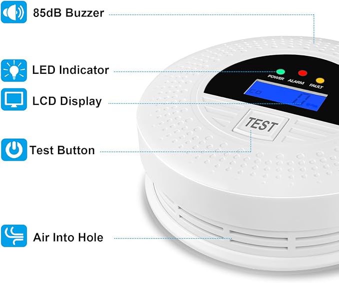 Smoke Alarm and CO Detector with LCD, Smoke Carbon Monoxide Detector with Loud 85dB, Battery Operated, Easy Setup