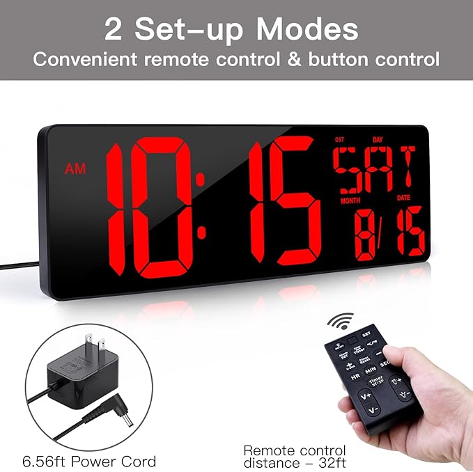 XREXS Large Digital Wall Clock with Remote Control, 16.5 Inch LED Large Display Count Up & Down Timer, Adjustable Brightness Alarm Clock with Day/Date/Temperature for Home, Gym, Office and Classroom