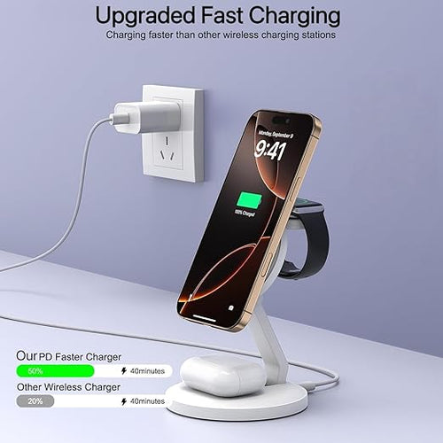 3 in 1 Foldable Magnetic Wireless Charging Station,iPhone Mag-Safe Charger,15W Fast MagSafe Charger Stand for Apple iPhone16Pro Max/16 Pro/15 ProMax/14/13/12,Apple Watch Ultra/2/SE to S9,AirPods Pro 3
