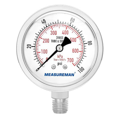 MEASUREMAN Pressure Gauge 1/4 NPT, 0-100psi/kPa Fully Stainless Steel Hydraulic by MEASUREMAN