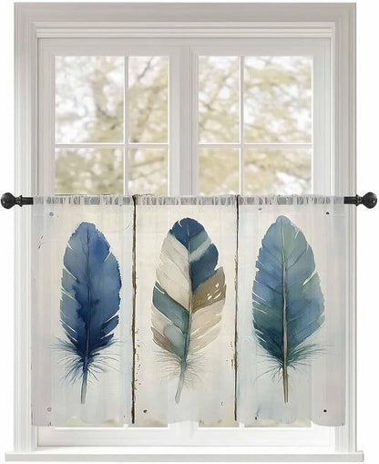 Sheer Curtains 54 Inch Length, Boho Blue Feathers Semi Sheer Curtains Light by Unknown