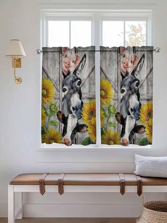 Farmhouse Kitchen Curtains 45 Inches length, Vintage Sunflowers Animals Printed - Image 4
