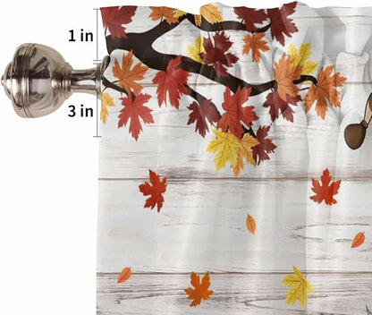 Fall Gnomes Kitchen Curtain Set, Thanksgiving Maple Leaf Grey Wood Grain Window - Image 5