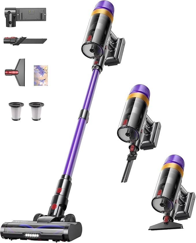 TVTAU Cordless Vacuum Cleaner, Self-Standing 620W 55KPA 75Min Runtime Stick Vacuum for Home, 1.8L Dust Cup, LED Display, Anti-Tangle, 8-Stage Filtration, for Hardwood Floor Carpet Pet Hair