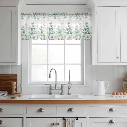 Eucalyptus Leaves Daisy Sheer Valance Curtains, Summer Farmhouses Flower Light - Image 2