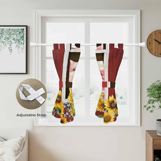 Pigs Sunflowers Kitchen Curtains 45 Inch Length, Short Cafe Window Curtains Tab - Image 5