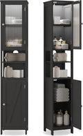 ChooChoo Tall Bathroom Storage Cabinet with Light，5-Tier Narrow Bathroom Cabinet with 2 Doors, Slim Storage Linen Cabinet Freestanding with Adjustable Shelves for Space Saving, Black