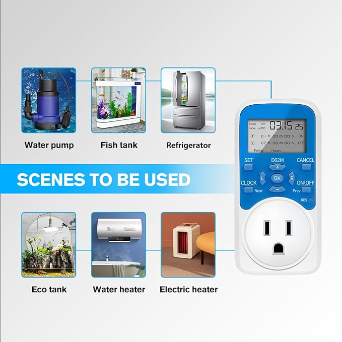Timer Outlet, Programmable 110V/220V Pump Timer Switch, Minimum Setting by Seconds, Timing Socket Converter, Power Timing Automatic Control Outlets