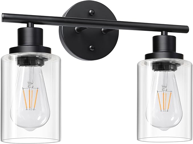 Unicozin 2 Light Vanity Lights, Black Wall Sconce Light with Clear Glass, Bathroom Light Fixtures, Wall Lights for Mirror, Living Room, Bedroom, Hallway, E26 Base (Bulbs Not Included)