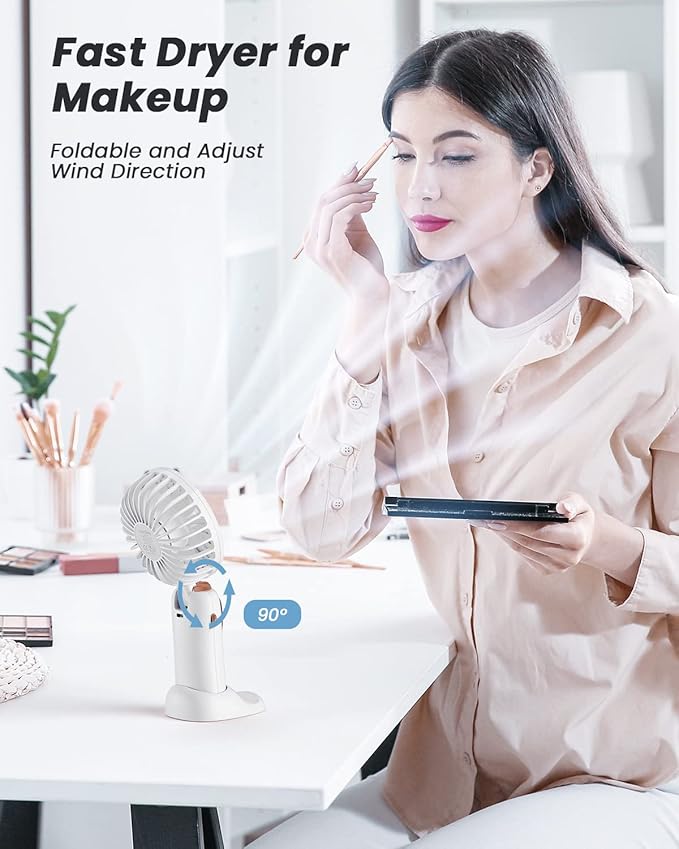 coldSky Portable Handheld Fan, 4000mAh Battery Operated 3 in 1 Multifunction Personal Travel Fans with Digital Display, 90° Foldable Desk Fans with Base, 5 Speed Lash Fan for Makeup/Office (White)