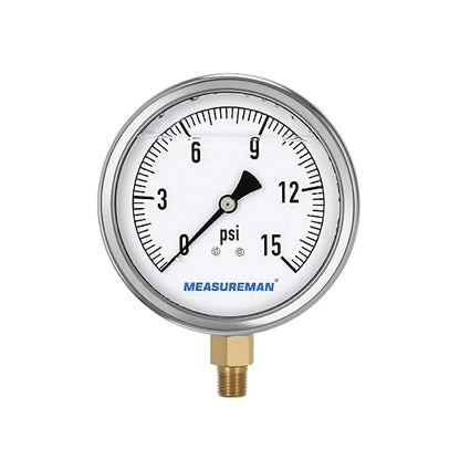 MEASUREMAN Glycerin Filled Plumbing Pressure Gauge 0-15psi Stainless Steel Case by MEASUREMAN
