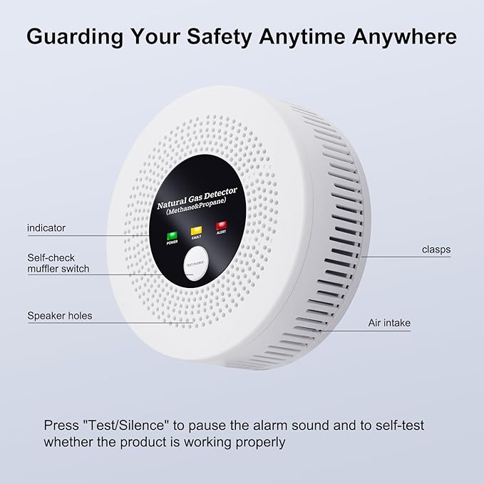 Natural Gas Detector Alarm - 10s Methane/Propane Leak Alert CH4 Gas with 85dB Siren & LED Flash, Battery-Powered Gas Monitor for Home Kitchen RV Safety (3 Battery Included)
